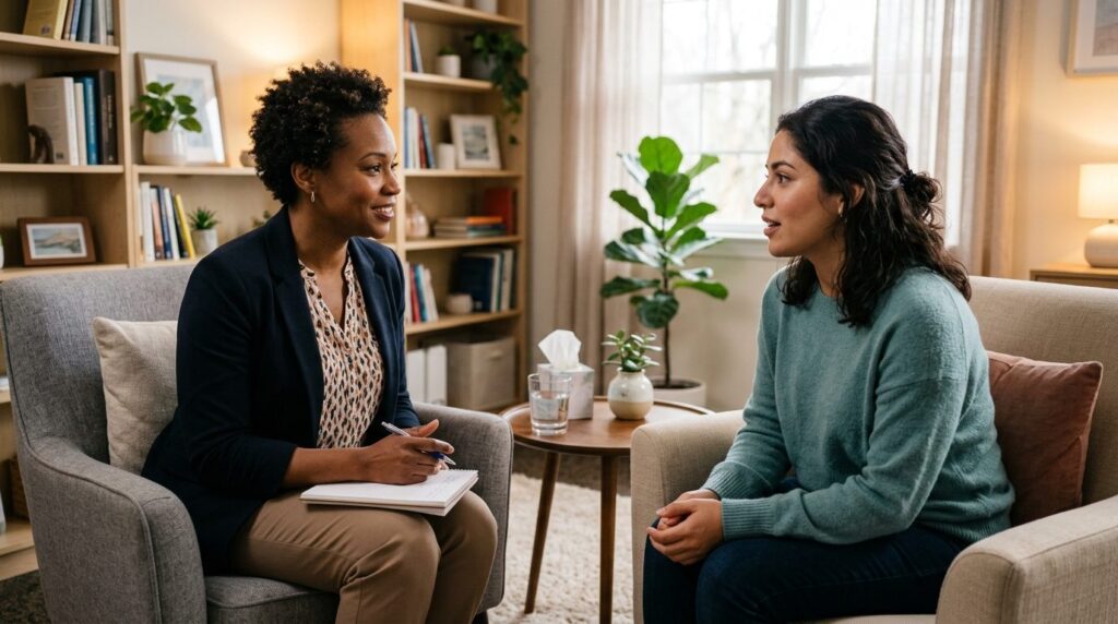 Close-up of therapist and patient in initial consultation me