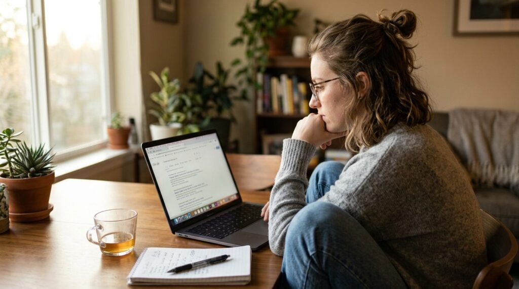 Woman looking at computer screen researching mental health r